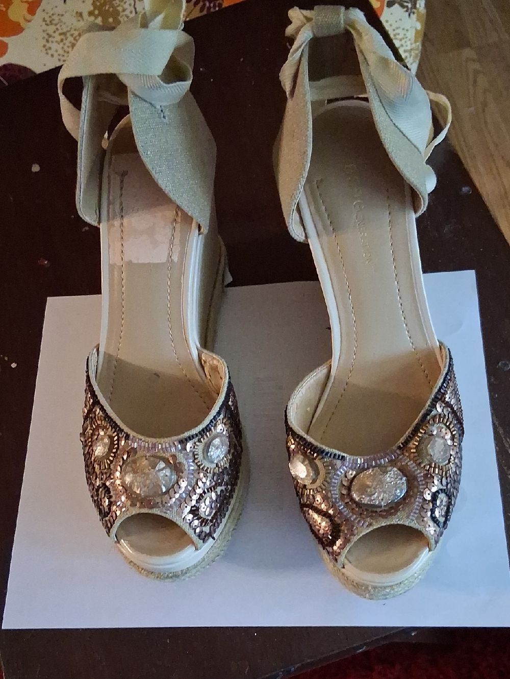 BCBGeneration Gold Beaded Peep-Toe Wedge Sandals with Ankle Tie